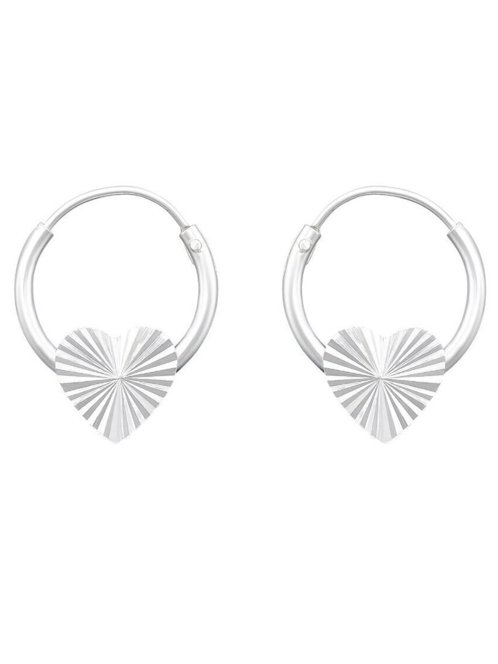 Sterling Silver Heart Hoop Earrings 12mm Sunburst Detail